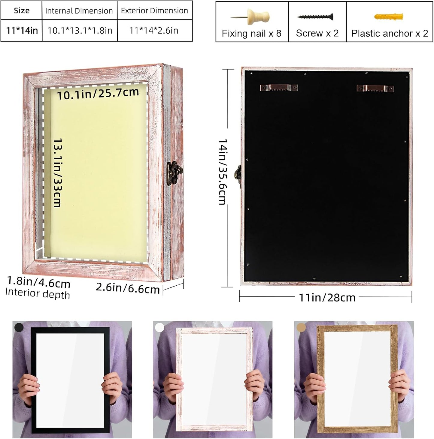 TJ.MOREE Shadow Box 11 x 14 Display Case Wood Picture Frame White Pink | Memory Box with Linen Back for Memorabilia