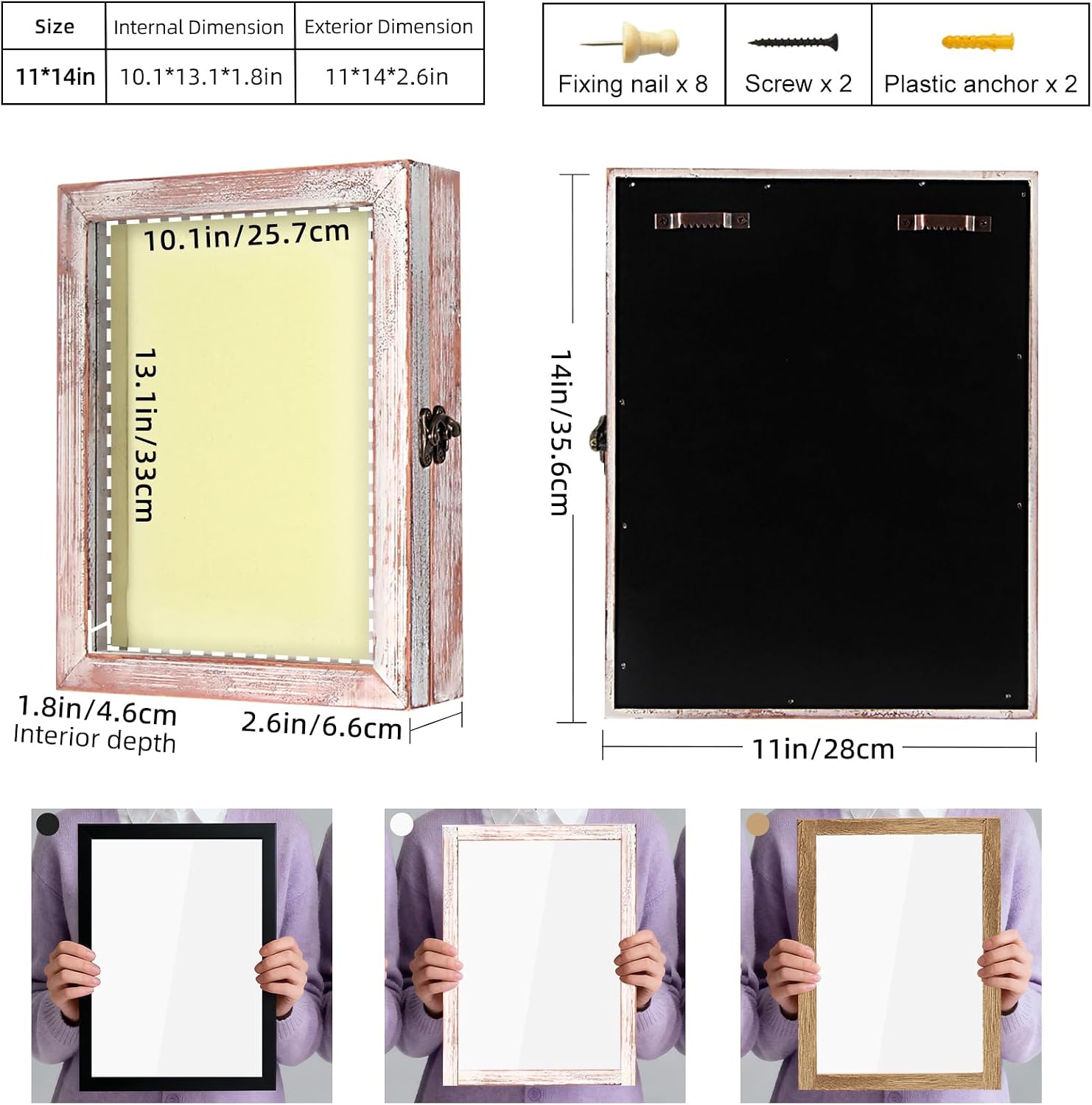 TJ.MOREE Shadow Box 11 x 14 Display Case Wood Picture Frame White Pink | Memory Box with Linen Back for Memorabilia