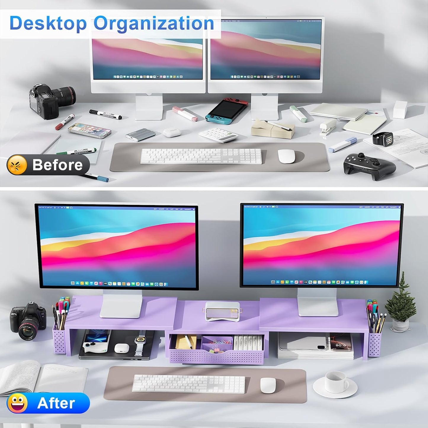 gianotter Dual Monitor Stand Riser With Drawer and 2 Pen Holders | Computer Monitor Stand Desk Organizer and