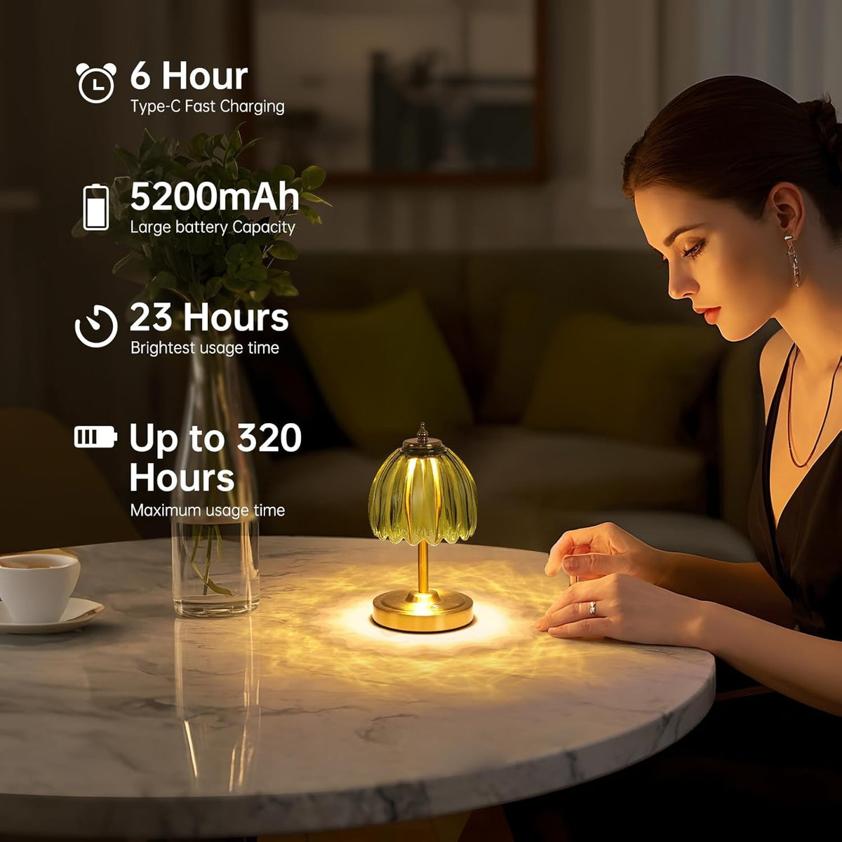 Shenmoyl Tulip Small Table Lamp, 5200mAh Cordless Touch Control Mini Table Lamp with 3 Color Temps & Stepless Dimming