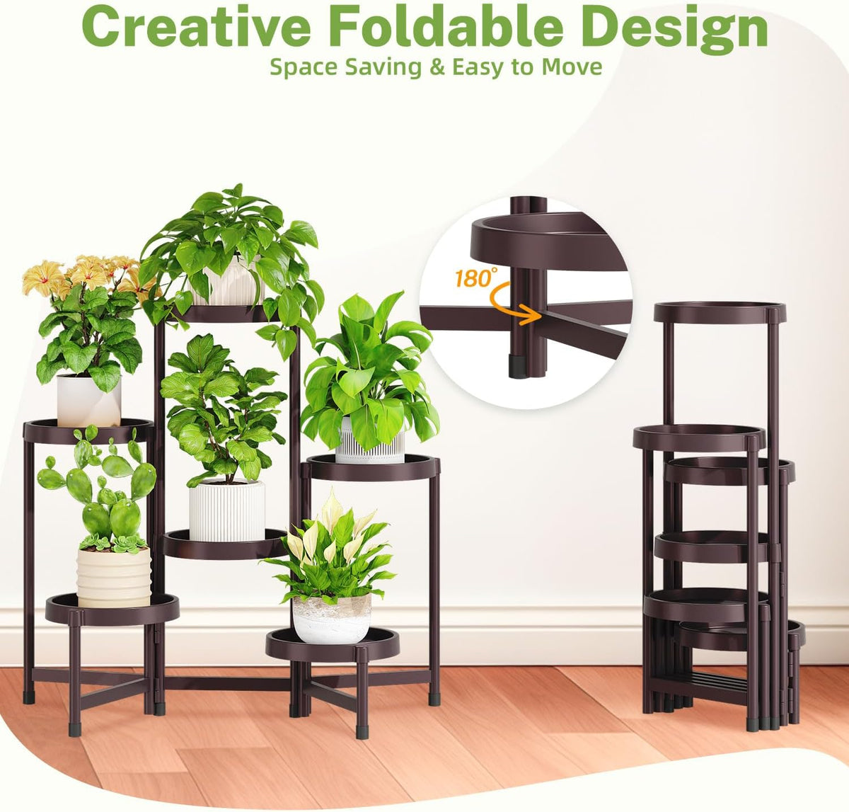 iDavosic.ly 6 Tier Folding Plant Stand Indoor Outdoor, Plastic Tray, Bronze | Space Saving Tiered Corner Storage