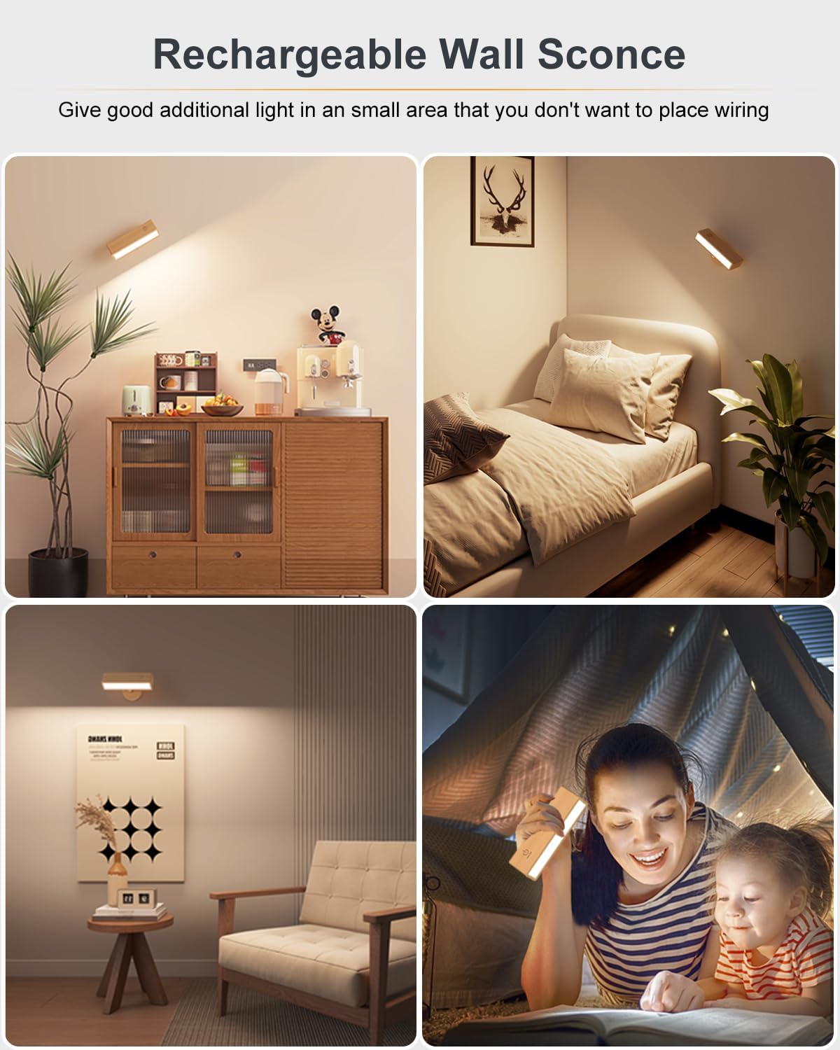 DetarZinLED Wooden Wall Sconce Battery Operated with Remote,Rechargeable Wall Lights for Bedroom with 3 Color