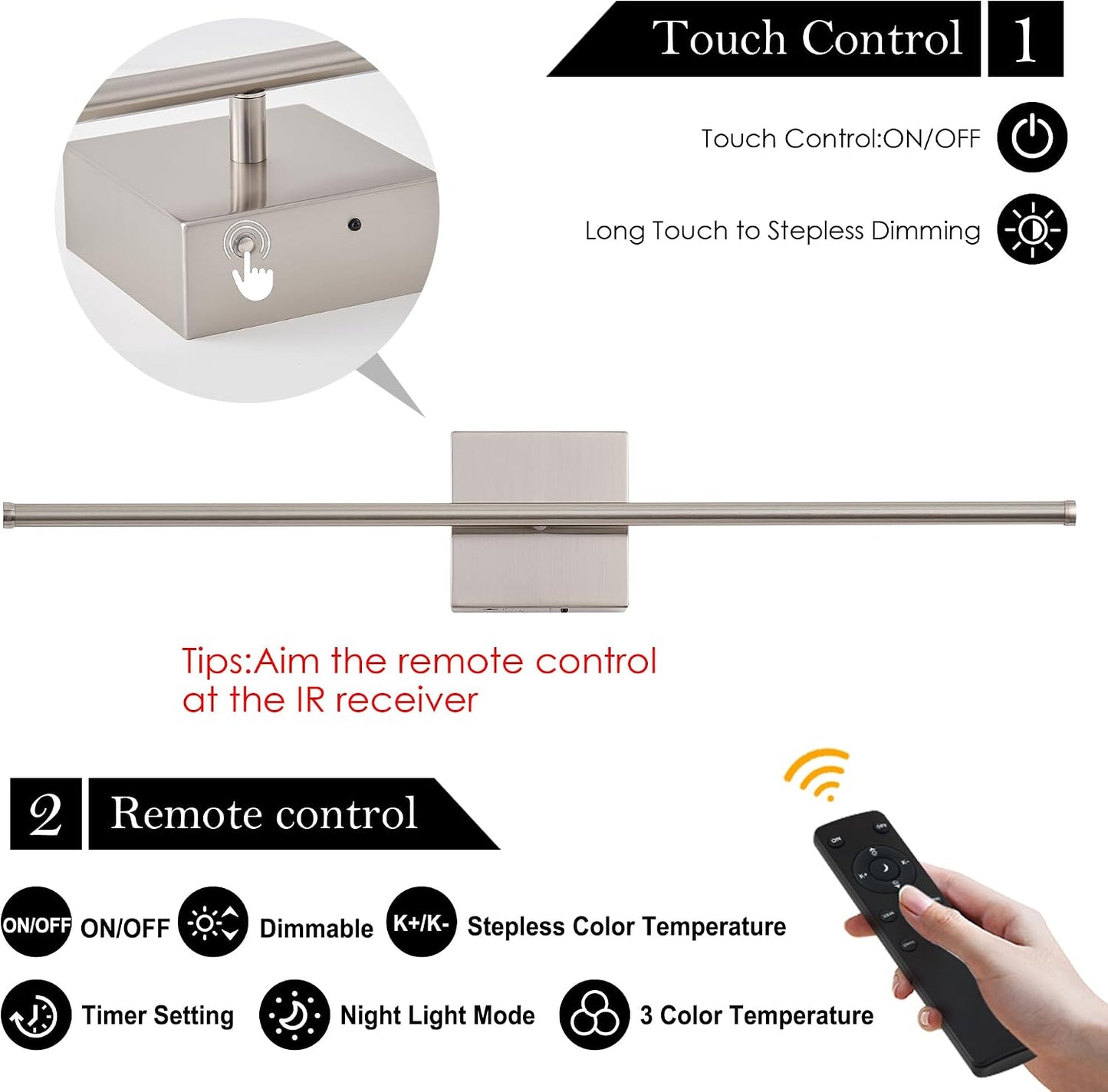 KARTOOSH Battery Operated Wall Sconces Set of 2 Wireless,28.3 Inch Nickel | Battery Removable, 3000-6000K, Stepless