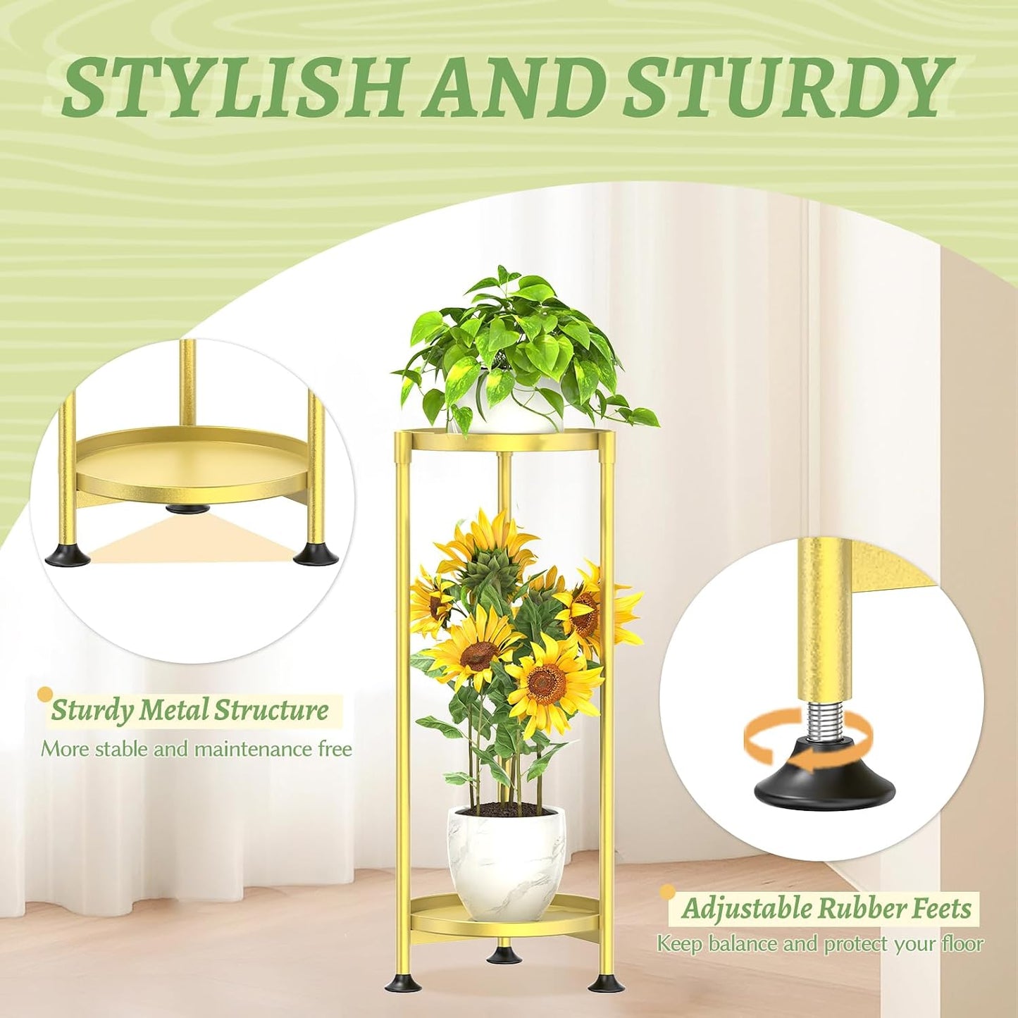 KMOTASUO 2 Tier Metal Plant Stand Tall for Indoor Outdoor Corner, Gold | Heavy Duty Flower Holder Rack, Modern Vertical