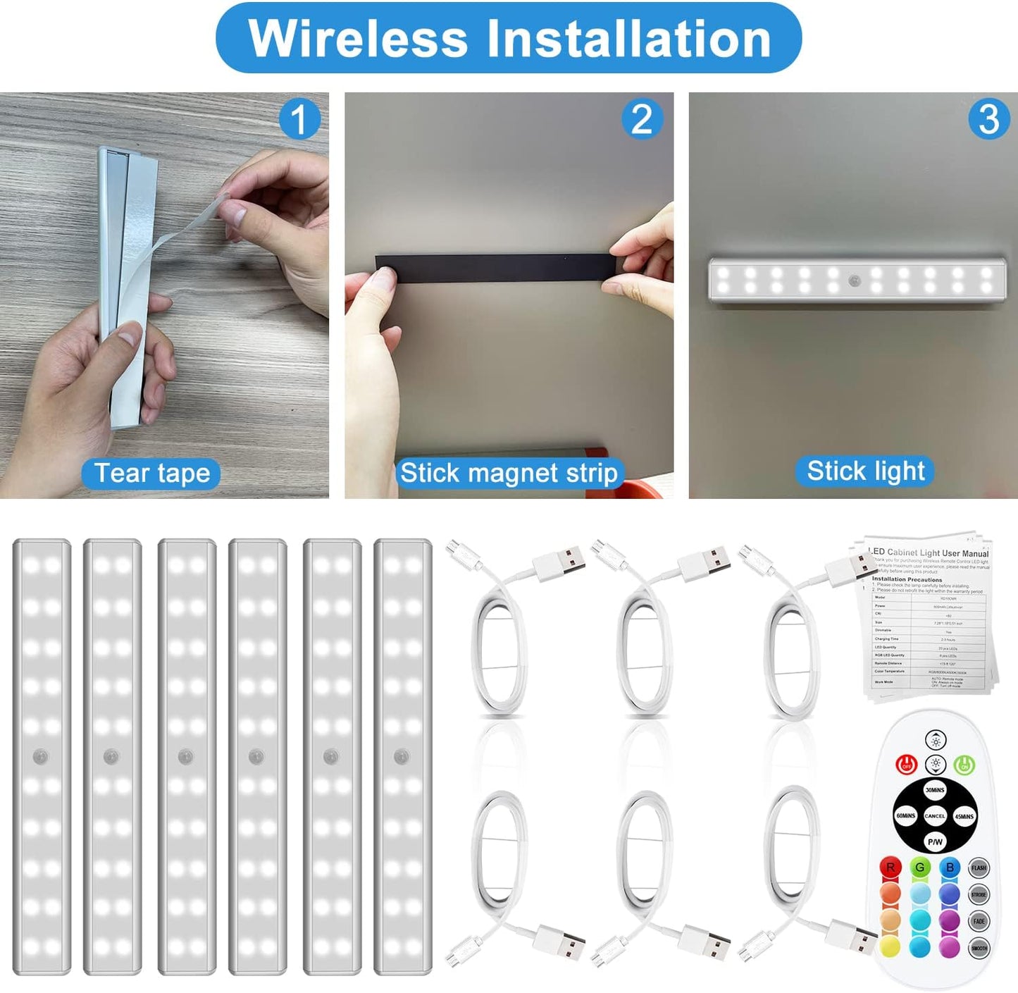 Under Cabinet Lighting Wireless with Remote, 6 Pack | 48 LED Rechargeable, Dimmable LED Closet Light,15 Color
