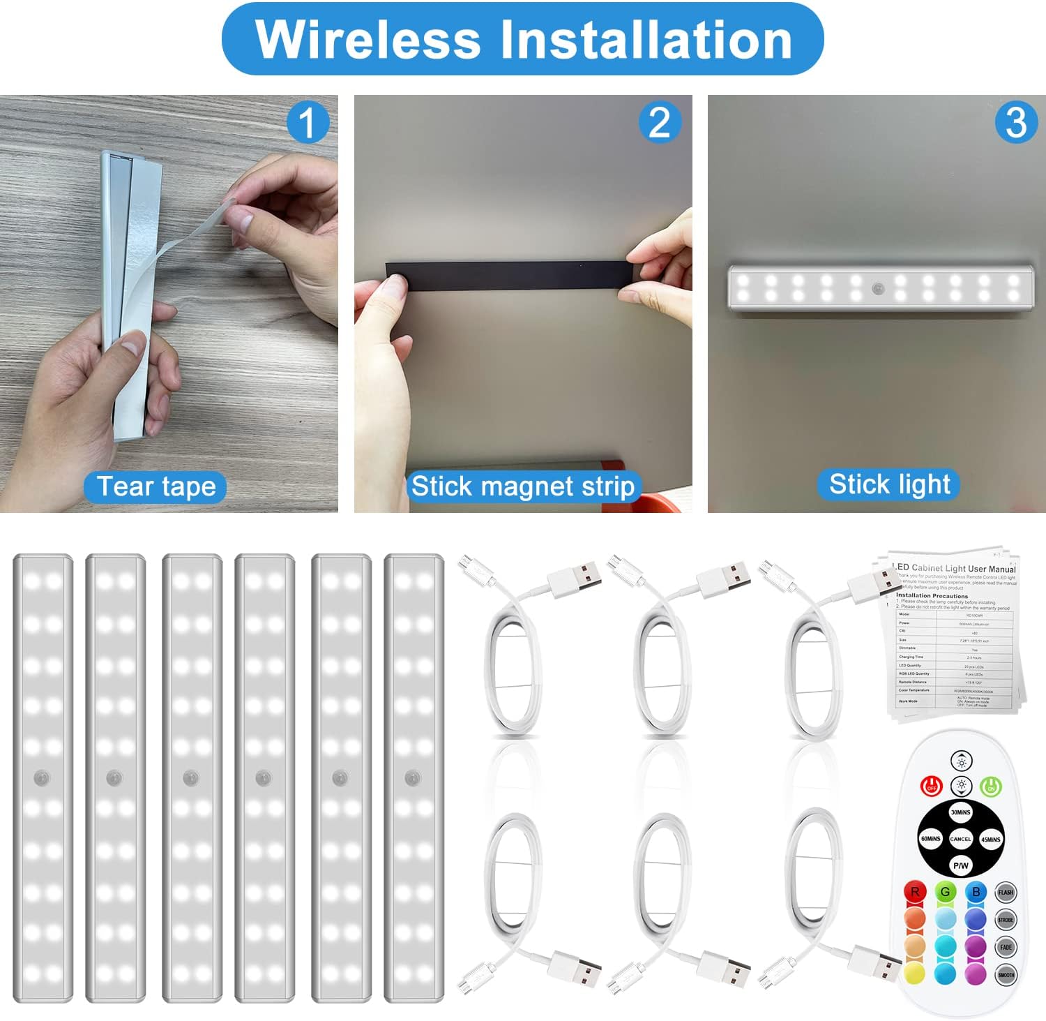 Under Cabinet Lighting Wireless with Remote, 6 Pack | 48 LED Rechargeable, Dimmable LED Closet Light,15 Color