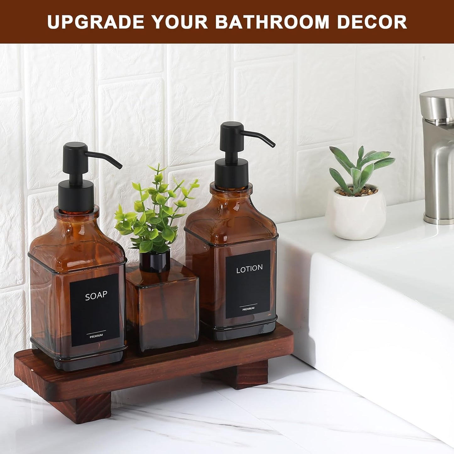 Wood Tray / Modern Kitchen Soap Dispenser Set / Amber
