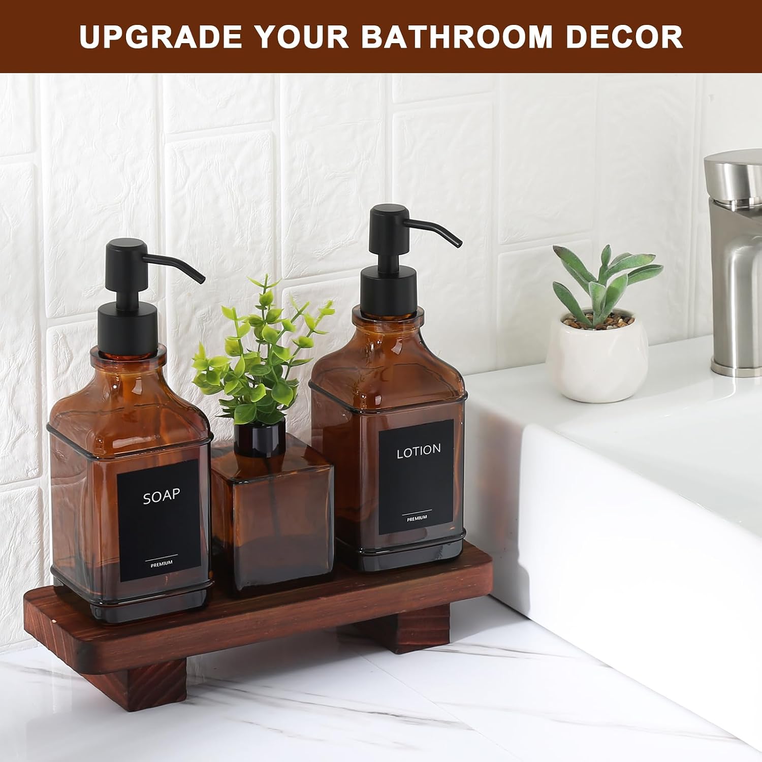 Wood Tray / Modern Kitchen Soap Dispenser Set / Amber