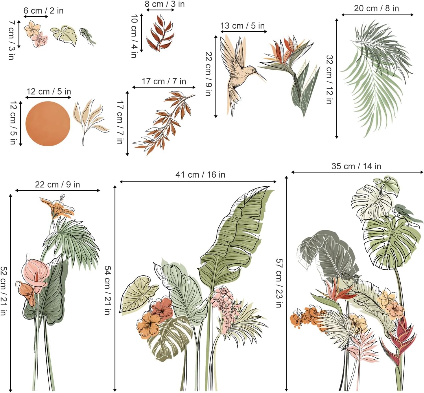 Boho Tropical Leaves Flower Wall Decals Bohemian Floral Plants Sun Wall Stickers Bedroom Living / B