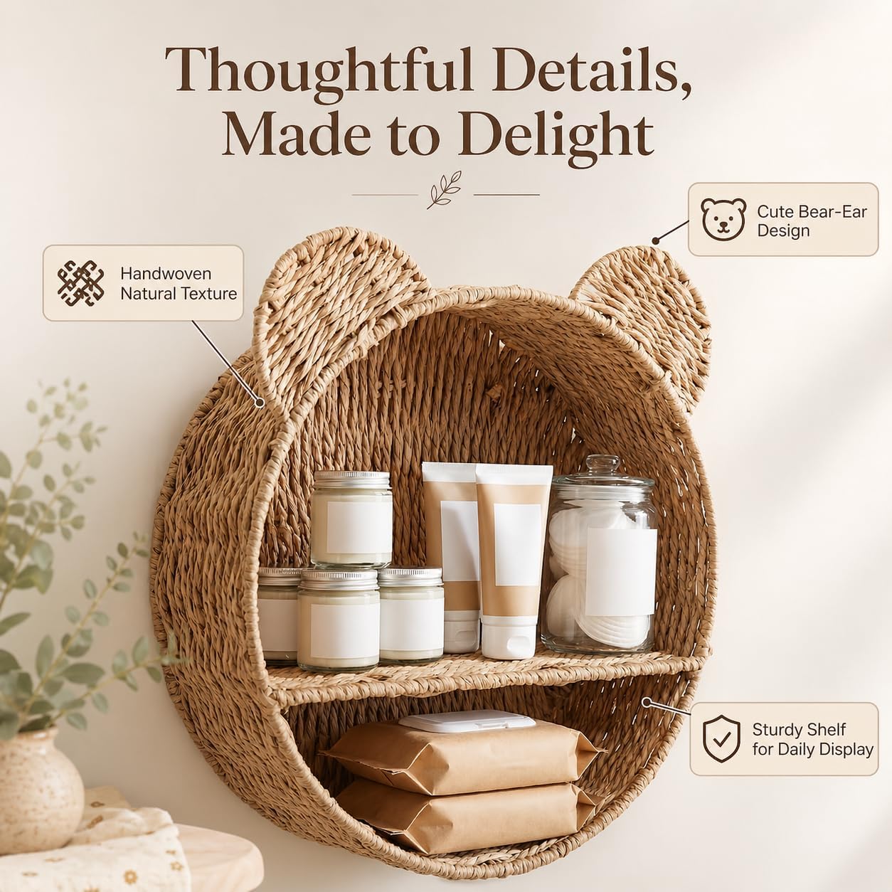 Woven Wall Basket Shelf Bear Nursery Decor / Khaki