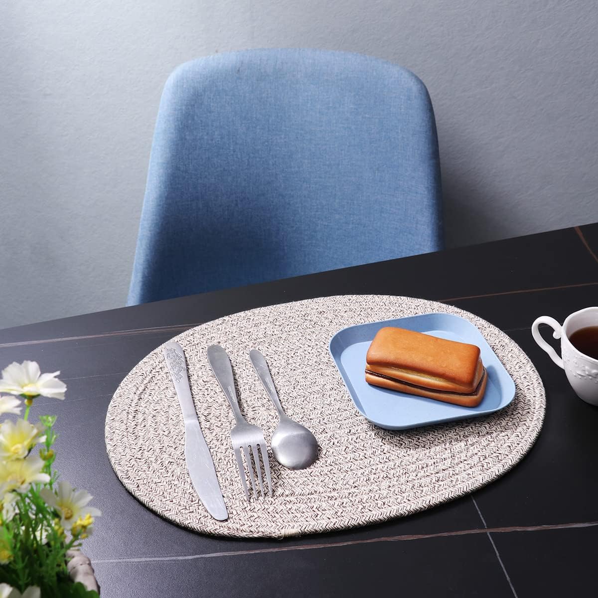 6 Pack Woven Placemats Fabric Tablemats, 12x16 inches Plate Chargers Cotton Weave Placemat Oval Braided Rattan
