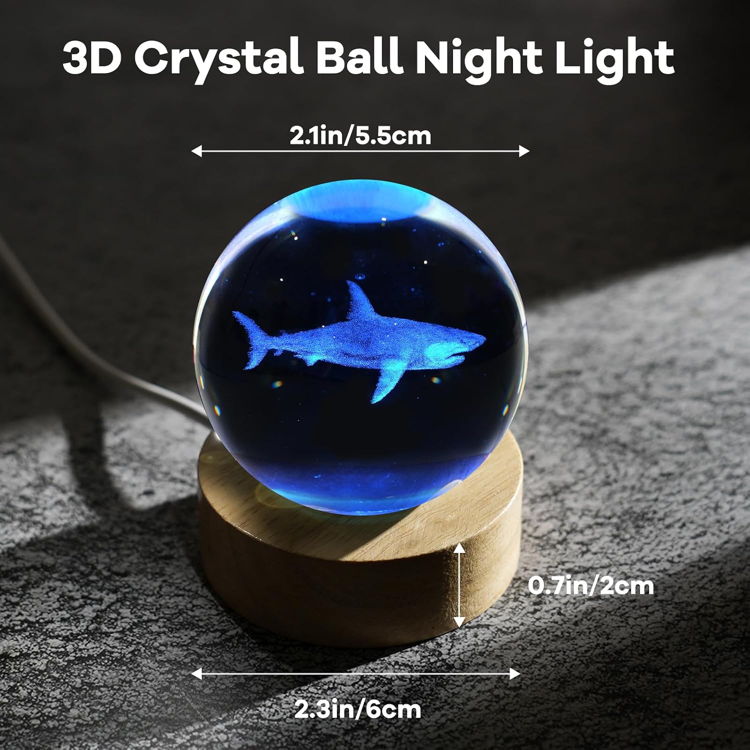 3D Crystal Ball Night Light Figurines Decor Table Lamp / Shark / 2.4 Inch