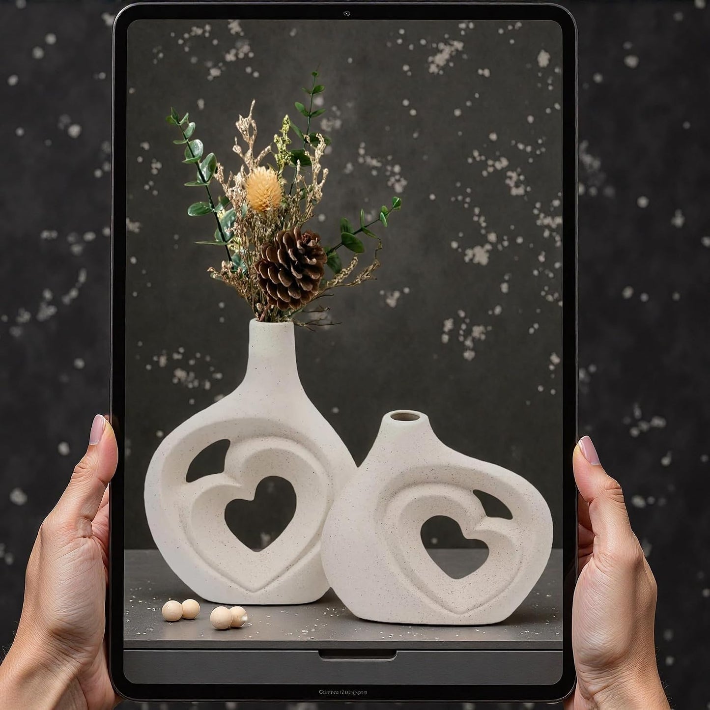 Ceramic Heart Shaped Vases / Cream White / 8.5 Inch / Set of 2
