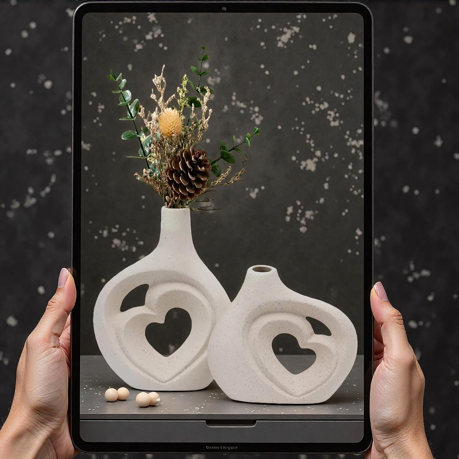 Ceramic Heart Shaped Vases / Cream White / 8.5 Inch / Set of 2