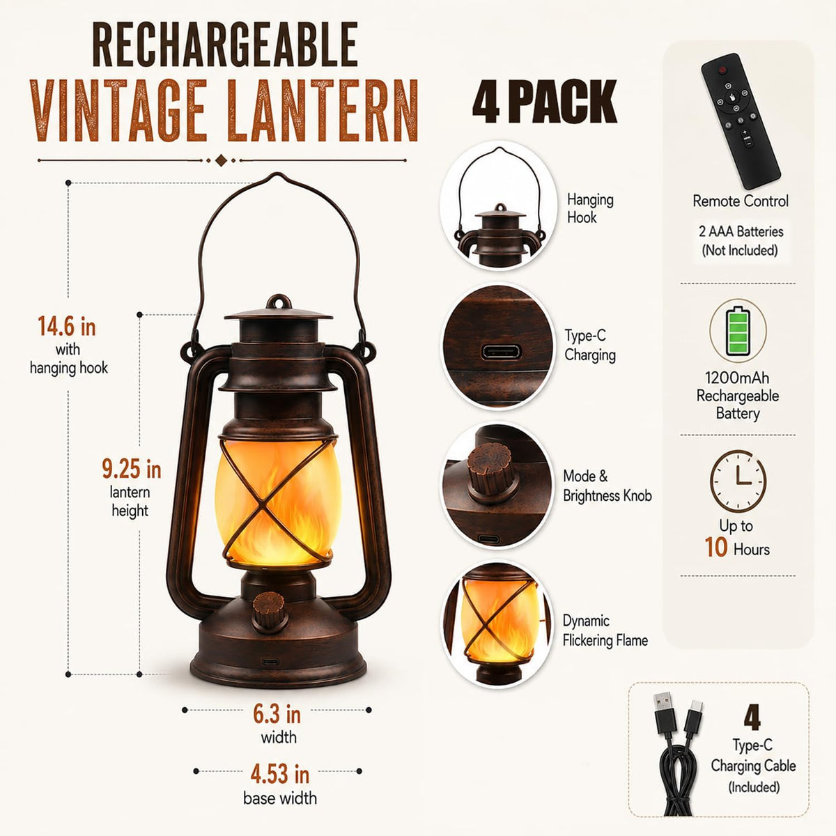 Rechargeable LED Lanterns 4 Pack, USB Charging Vintage Bronze Camping Lamps with Flickering Flame, Remote Control 4