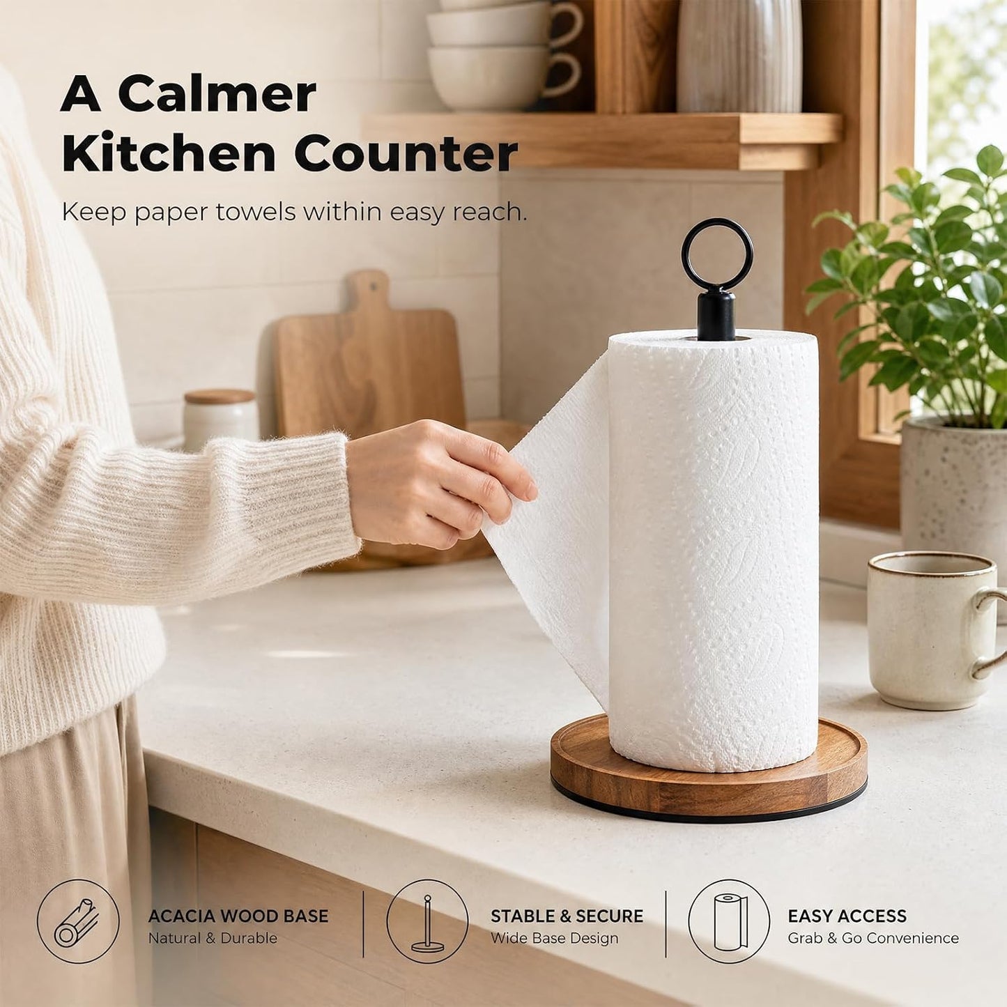 WILDMOS Paper Towel Holder Countertop, Solid Acacia Wood with Thick Metal Base, Black Freestanding Paper Towel Holder
