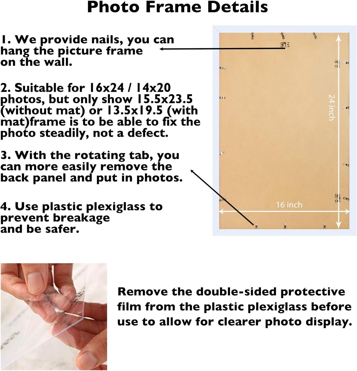 JCJMY 16x24 Picture Frame with Mat for Poster Photo and 40x60 cm Canvas, Display 14x20 with Mat or 16 x 24 without
