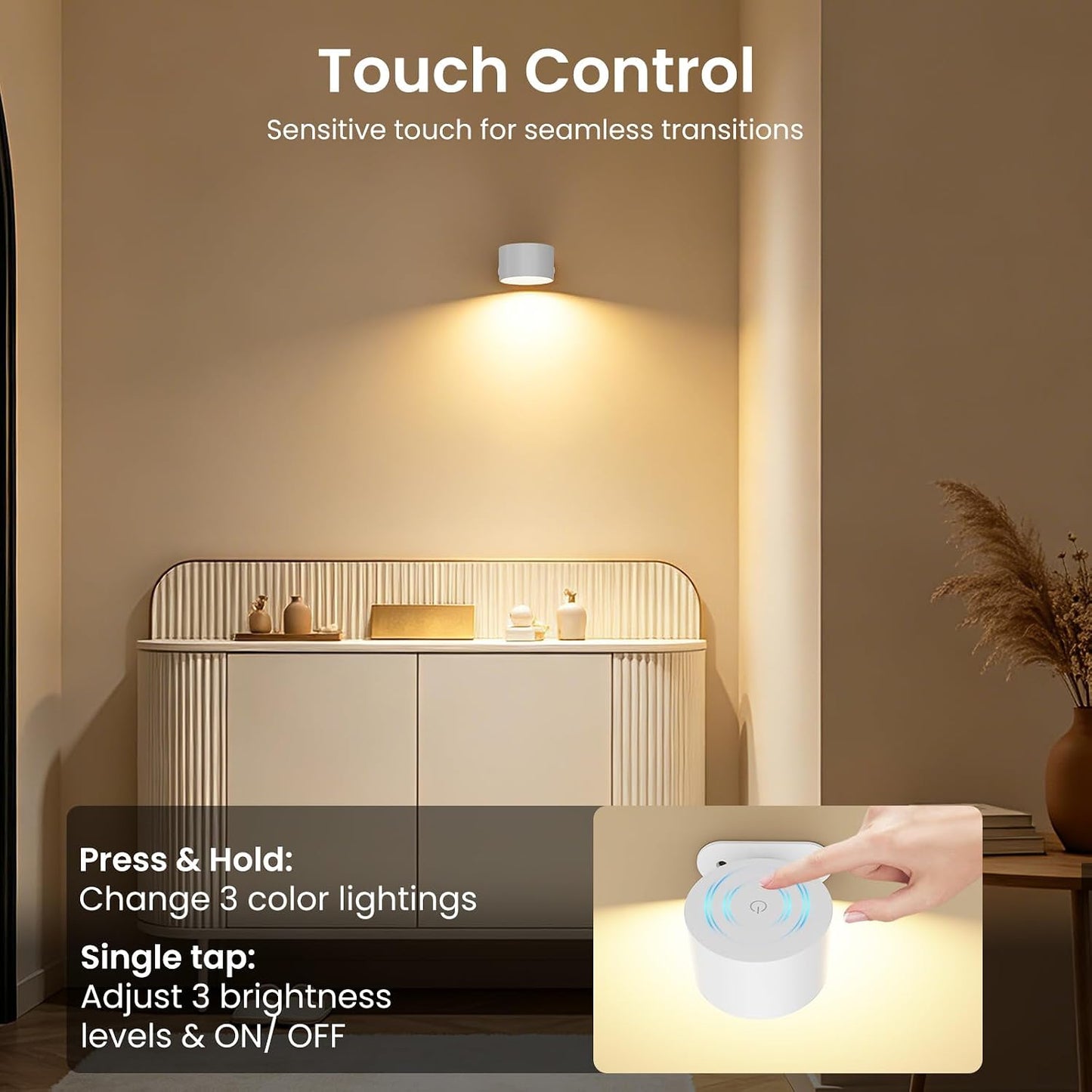 Koopala 2PACK LED Wall Lamps with Rechargeable Battery Operated, Wall Mounted Lights with 3 Brightness 3 Color Temp