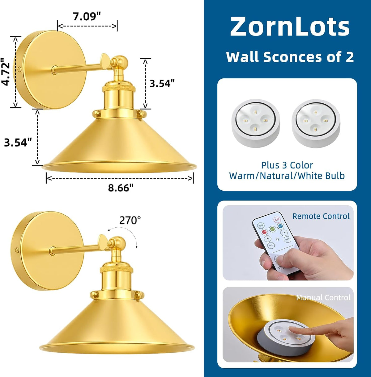Gold Battery Operated Wall Sconce Set of 2,Vintage Wireless Wall Sconces with Remote,Dimmable Led Wall Lights,Wall Lamp