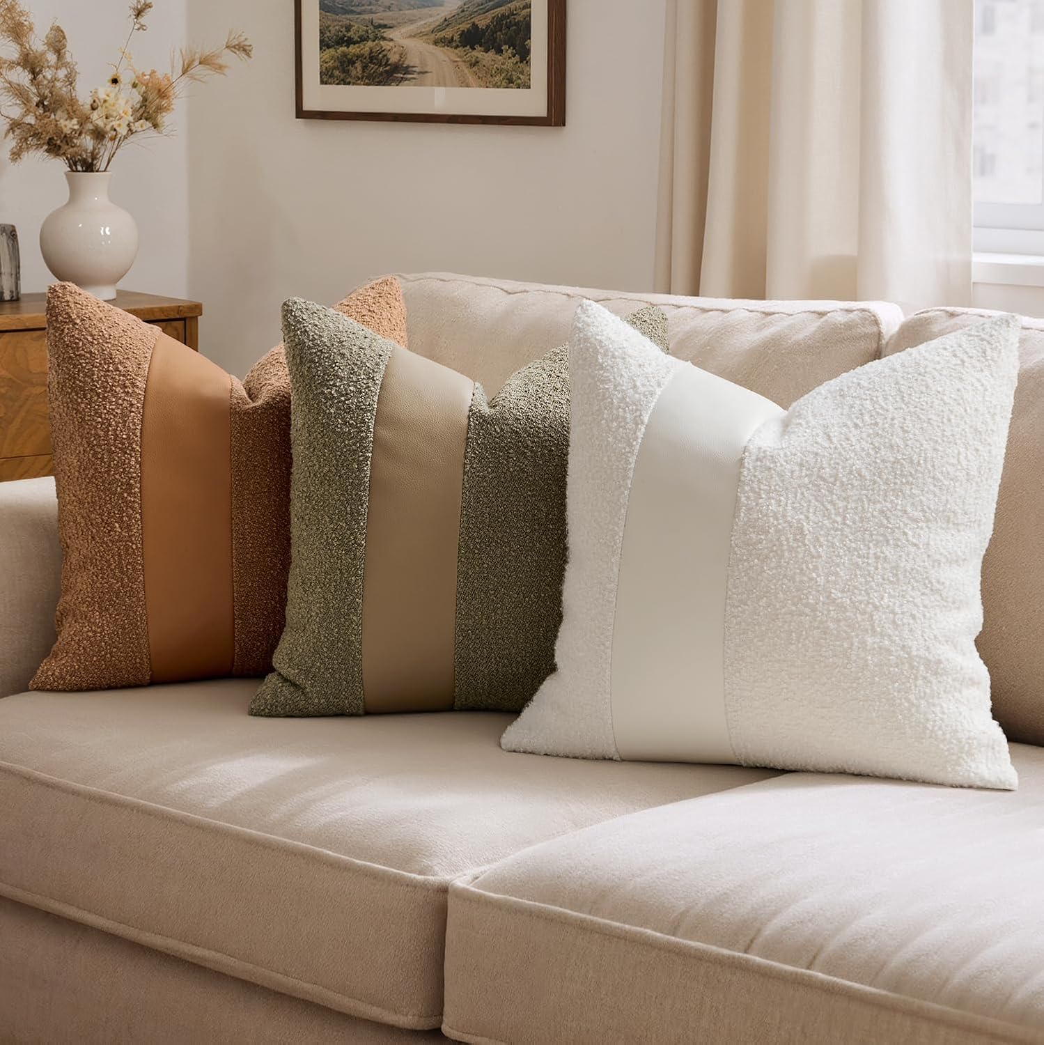 Boucle Throw Pillow Covers Faux Leather Textured Decorative Pillow / 18 x 18 / White / Set of 2