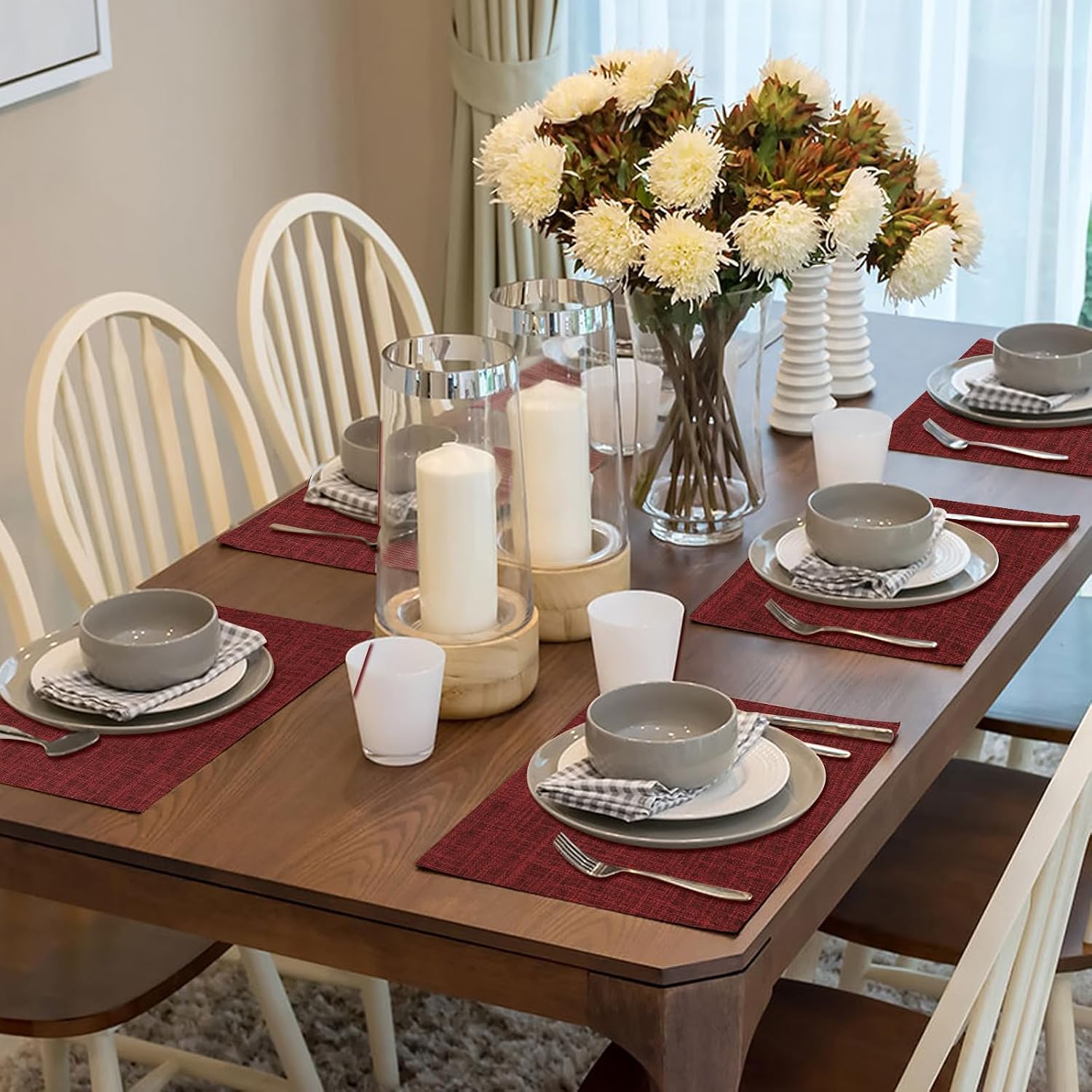Red Placemats Set of 8, Washable Dining Table Mats Cloth Place Mats, Elegant Placemats for Valentines Day Holiday, Heat