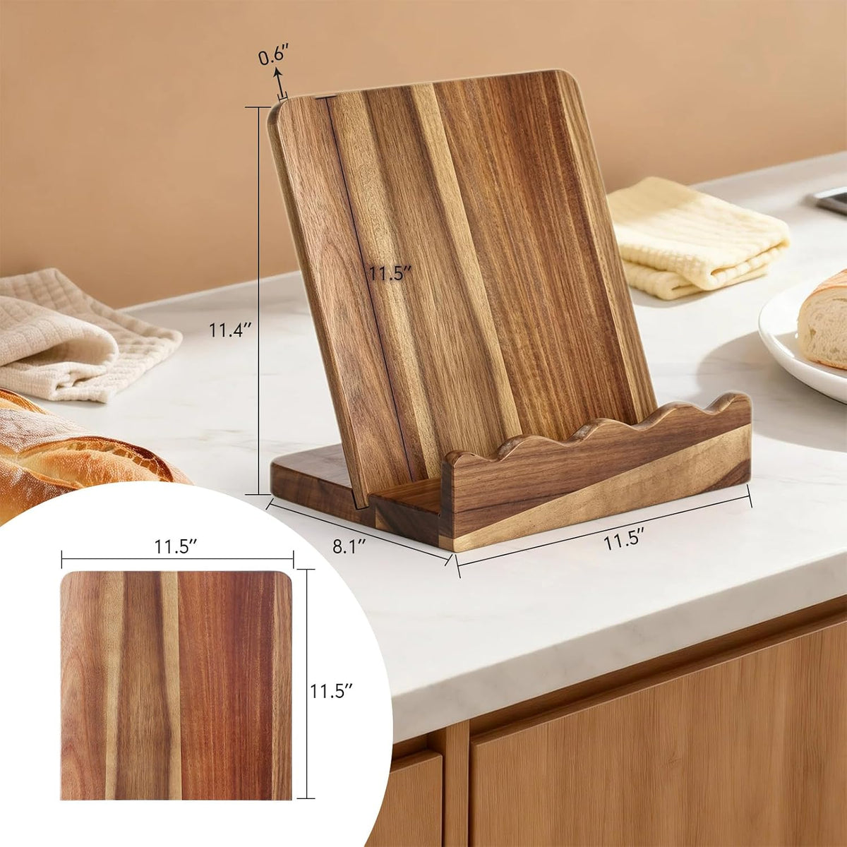 Scalloped Acacia Wood Cookbook Stand, Recipe Book Holder Keeps Pages Open | 2-in-1 Book Holder & Serving Tray，with