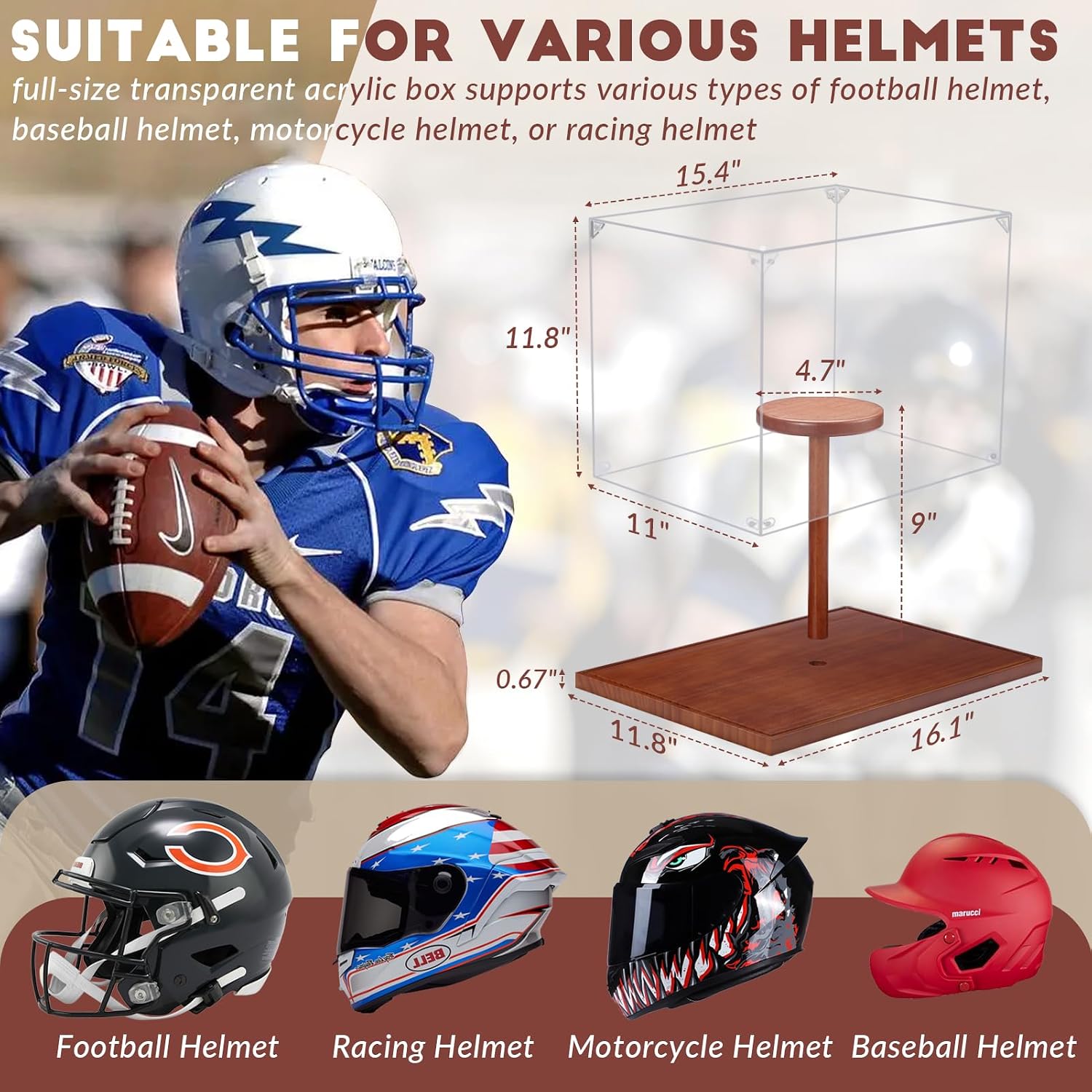 Football Helmet Display Case, Full Size Acrylic Baseball Motorcycle Helmet Showcase, UV Protection Souvenirs and