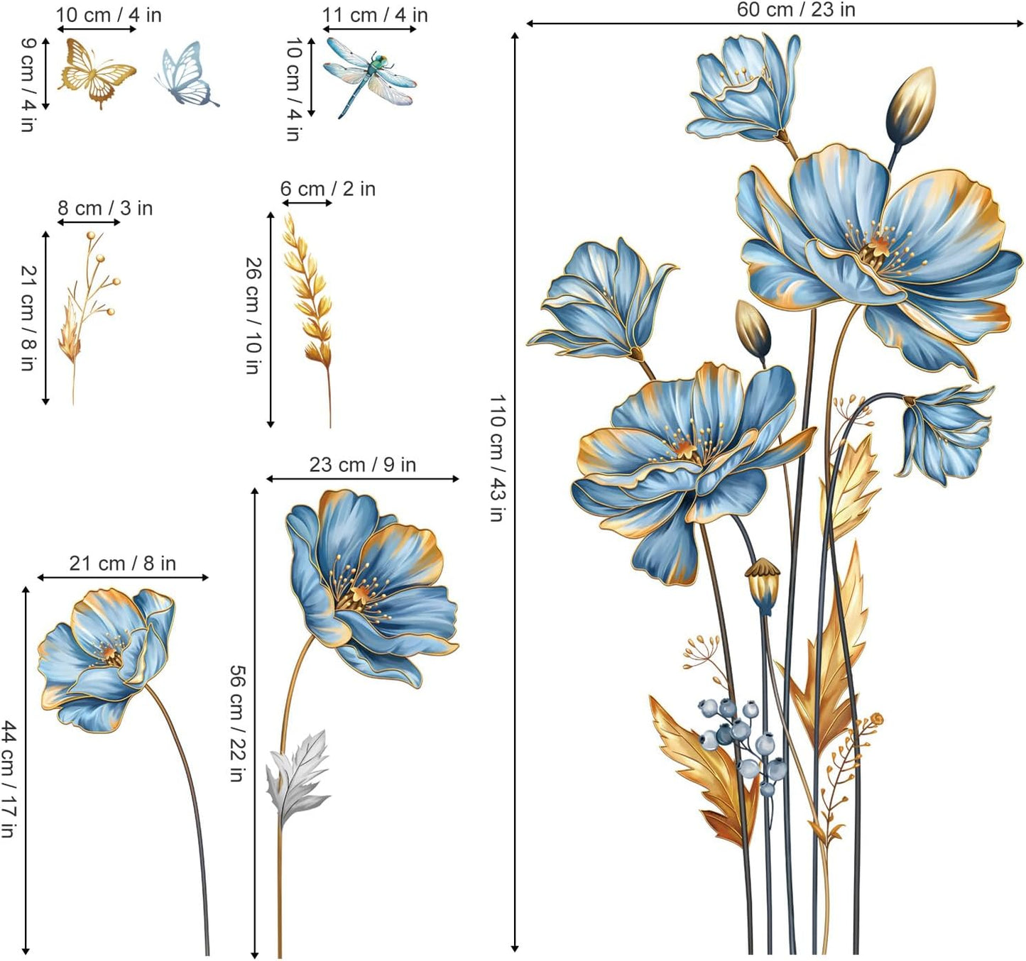 Large Flower Wall Stickers Floral Butterfly Plants Gold Leaves Wall Decals Bedroom Living / Blue