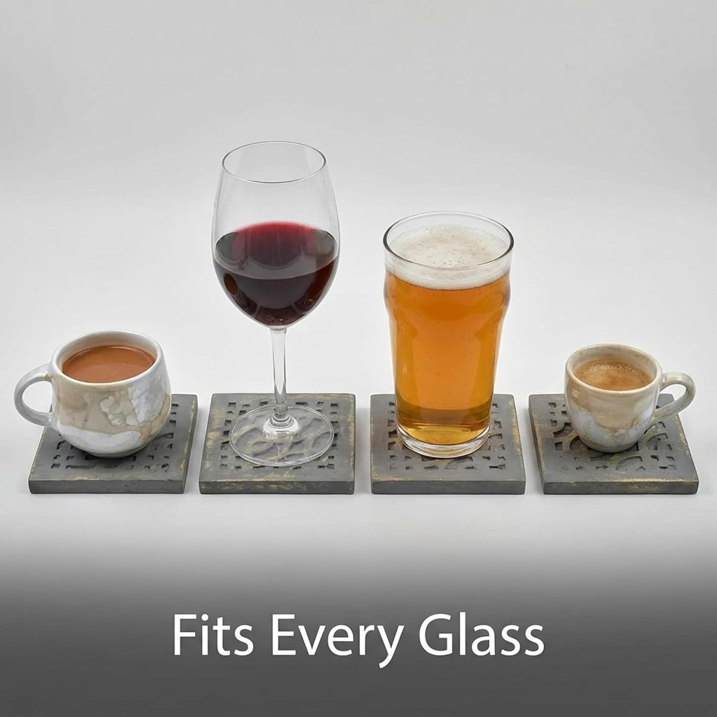 Holder for Tea Coffee Beer Wine Glass Drinks-Grey Finish / Grey-geometrical Carving / Set of 4