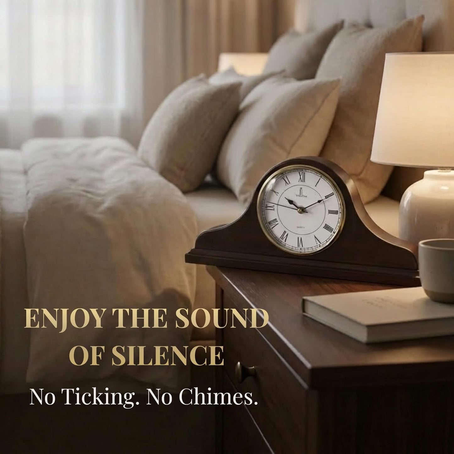 Mantel Clock for Fireplace, Solid Wood Silent Non-Chiming Mantle Clock | Battery Operated Wooden Clock 15x7.5, Easy to
