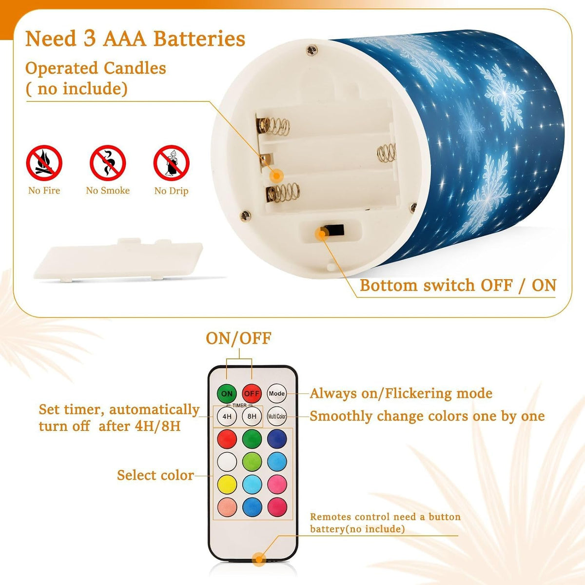 Flickering Flameless Candles, Christmas Snowflakes Blue Background LED Candles with Remote Timer, Set of 2 Battery