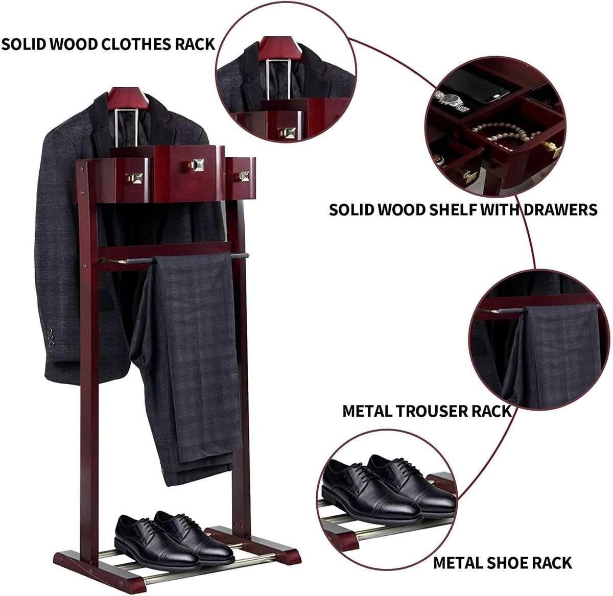 Wood Men Suit Valet Stand, with Belt Hooks Shoe Rack Multi-functional Coat Rack with Drawer Base Standing Clothes