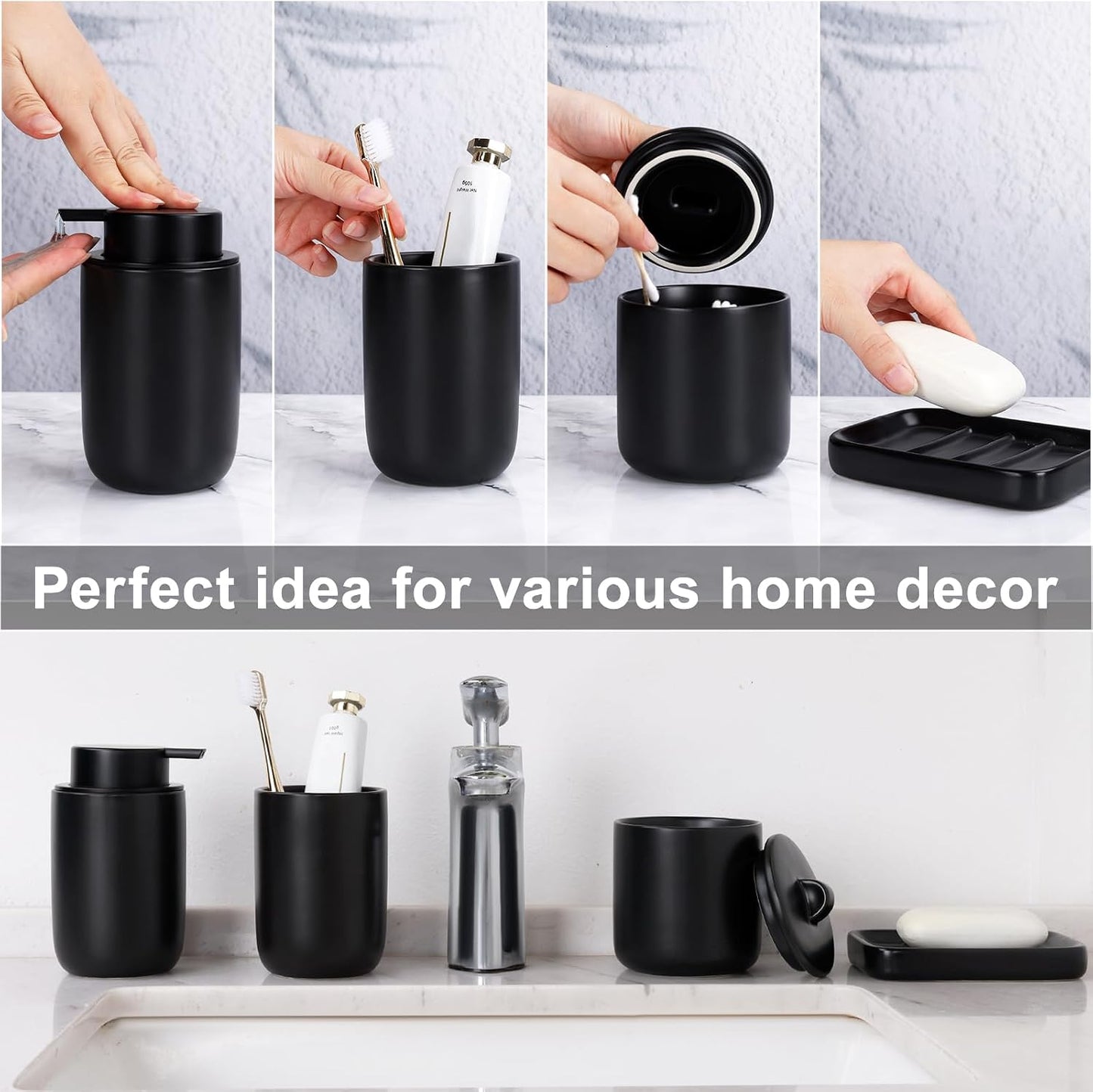 BosilunLife Black Ceramic Bathroom Accessories Set of 4 | Bathroom Decor Sets Accessories Bathroom Lotion Soap