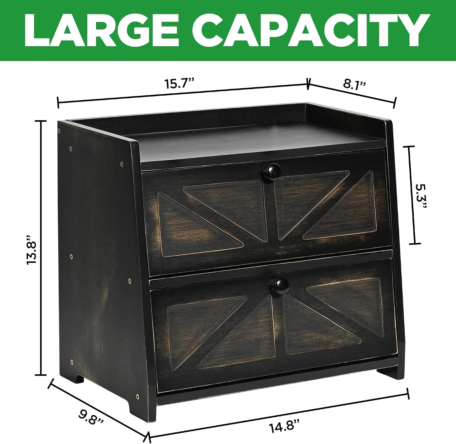Bamboo Corner Bread Box for Kitchen Countertop 2-Tier Black | Farmhouse Bread Storage Container, Large Pantry