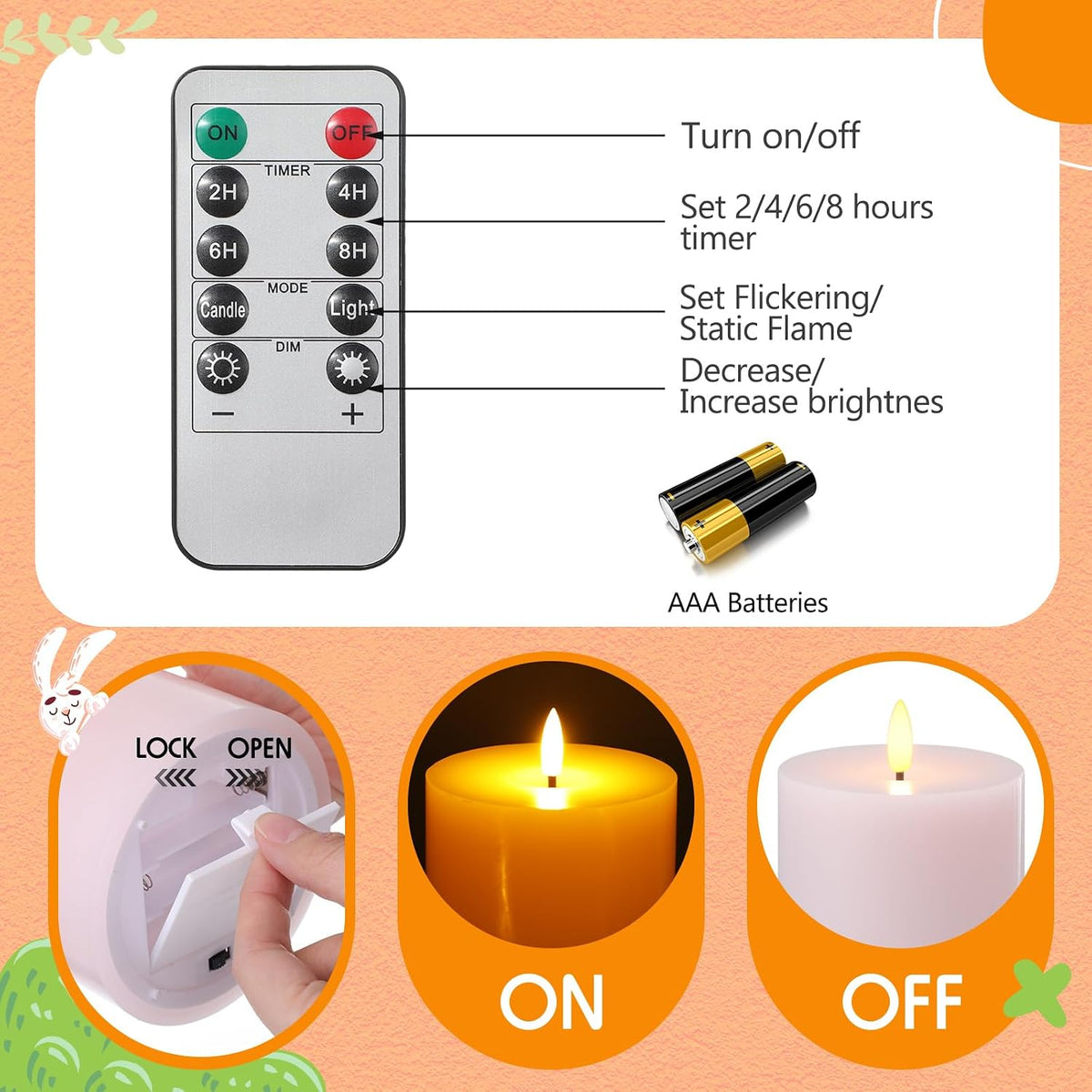 3 Pcs Easter 6/8/12 Inches Large Flameless LED Candles with Remote and 2/4/8 H Timer Yellow Pink and Blue Battery