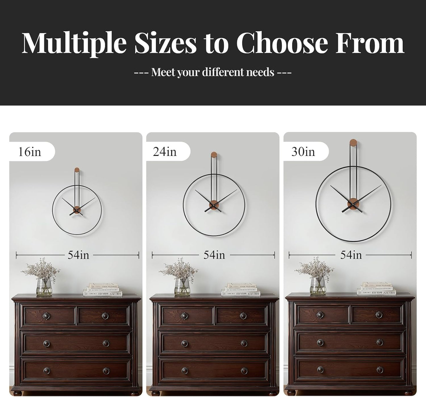Cuspin 24 Inch Large Wall Clock, Modern Black Metal Clocks for Living Room | Silent non ticking, battery operated, open