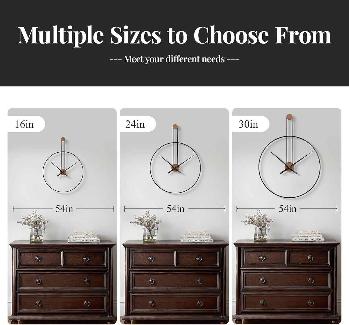 Cuspin 16 Inch Wall Clock, Modern Black Metal Clocks for Living Room | Silent non ticking, battery operated, open frame