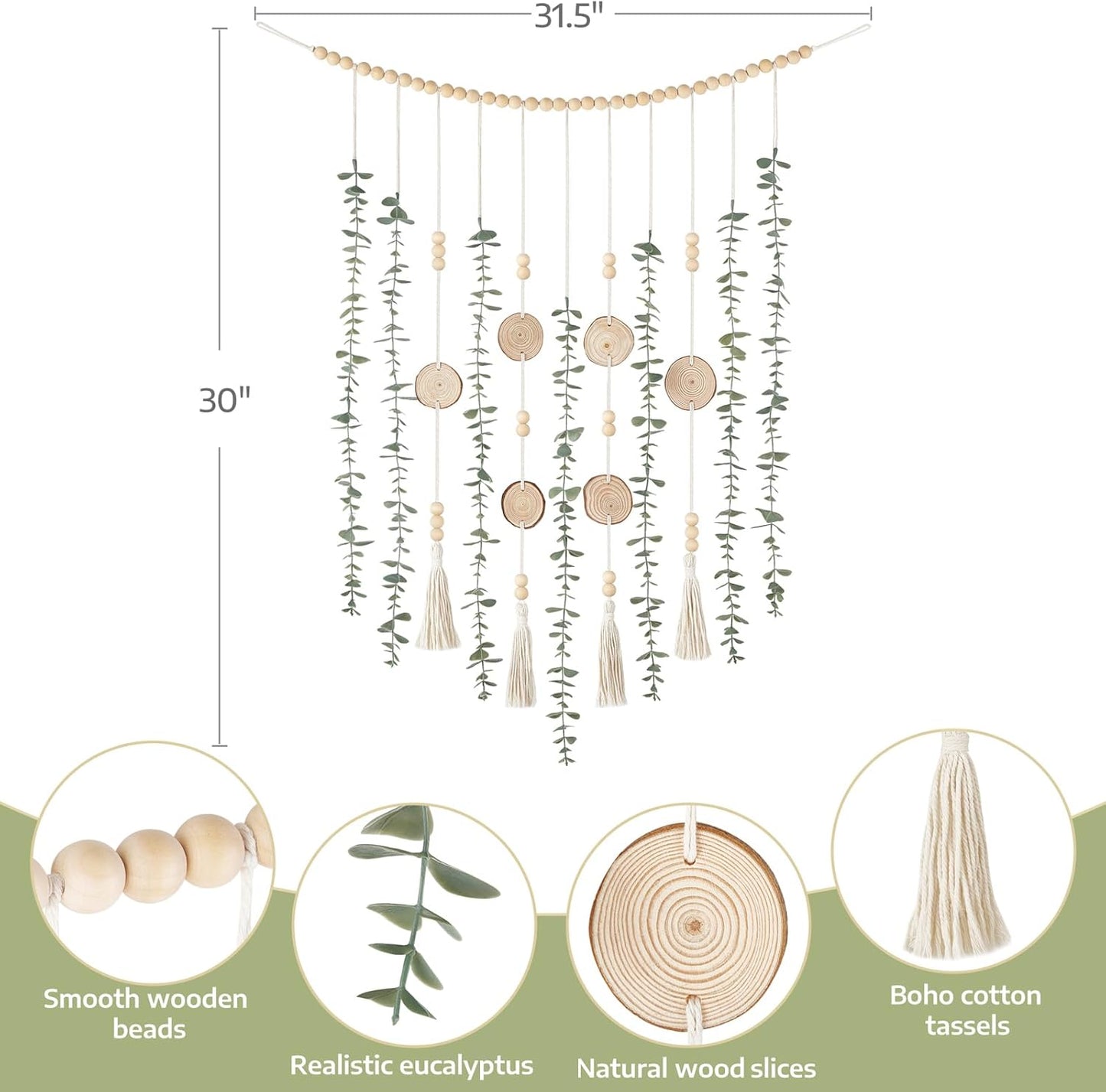 Hanging Artificial Plant Eucalyptus Wall Decor 31'' Wooden Bead Garland / 31 Inches