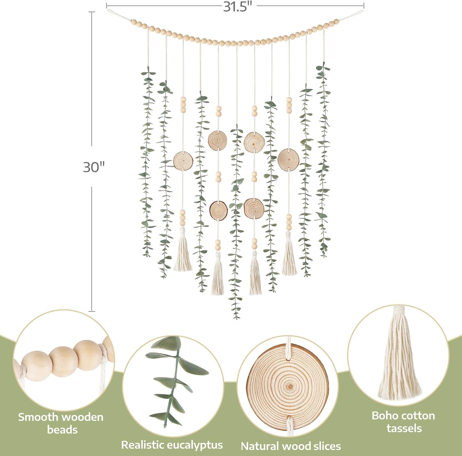 Hanging Artificial Plant Eucalyptus Wall Decor 31'' Wooden Bead Garland / 31 Inches