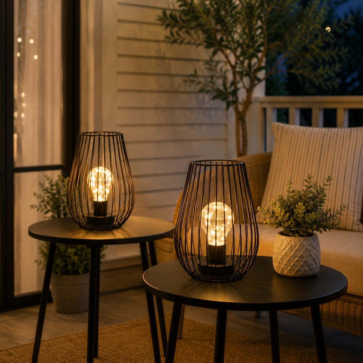TRIROCKS Metal Cordless Table Lamp - 8'' Tall Set of 2 Cage Shape Battery Operated Lamp with Fairy Lights Bulb for