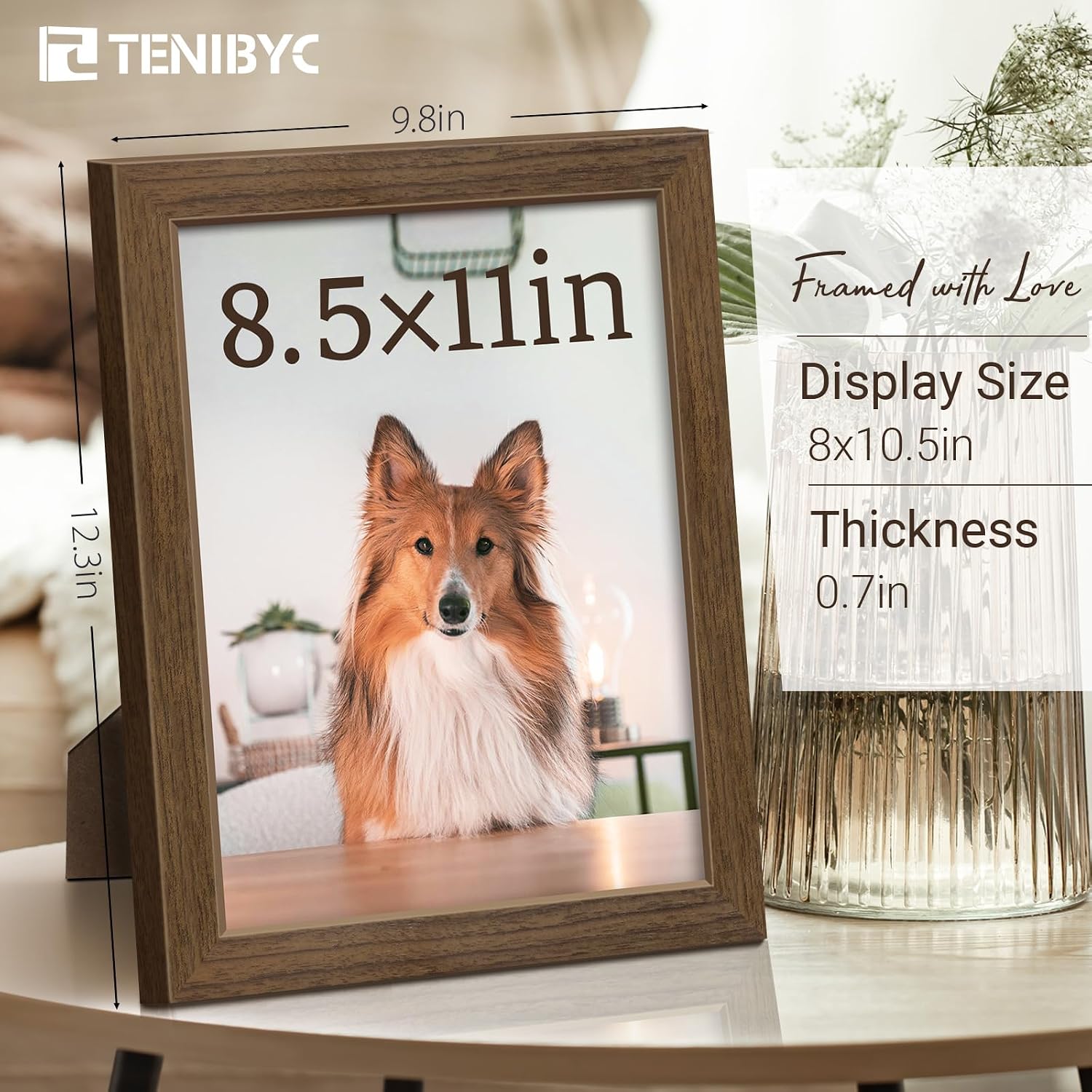 8.5 by 11 picture frame 3 Pack, Brown Wood, Real Glass, for Photo | Thick HD Tempered Glass, Tabletop or Wall Hanging