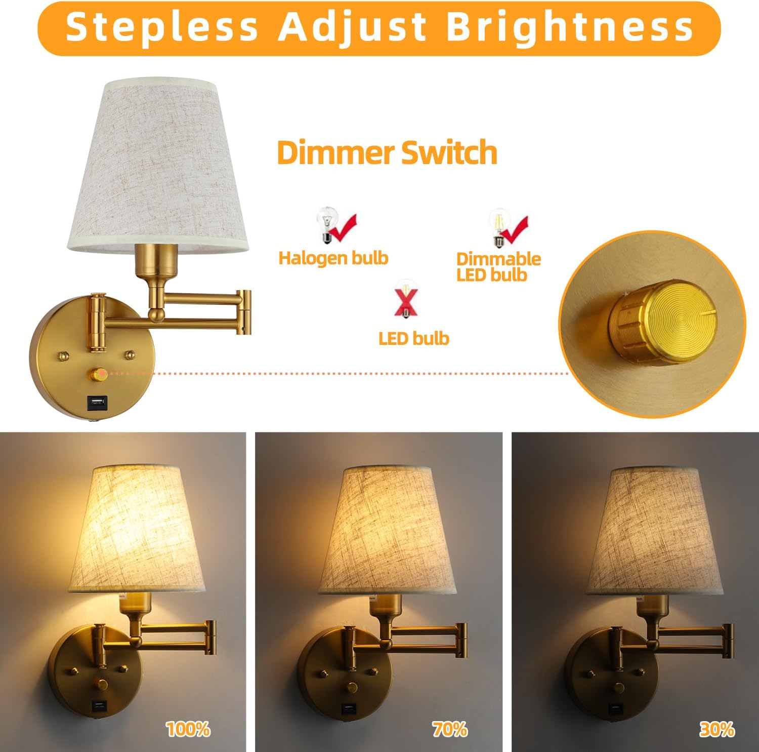 Bedside Wall Mount Light with Dimmable Switch and USB Port, Gold Swing Arm Fabric Shade Wall Sconce Light with Plug in