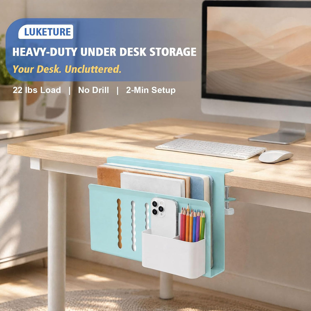 LUKETURE Desk Side Storage, 2 Tie Laptop Holder No Drill Clamp On Organizer | Steel Side Desk Organizer, Clamp on
