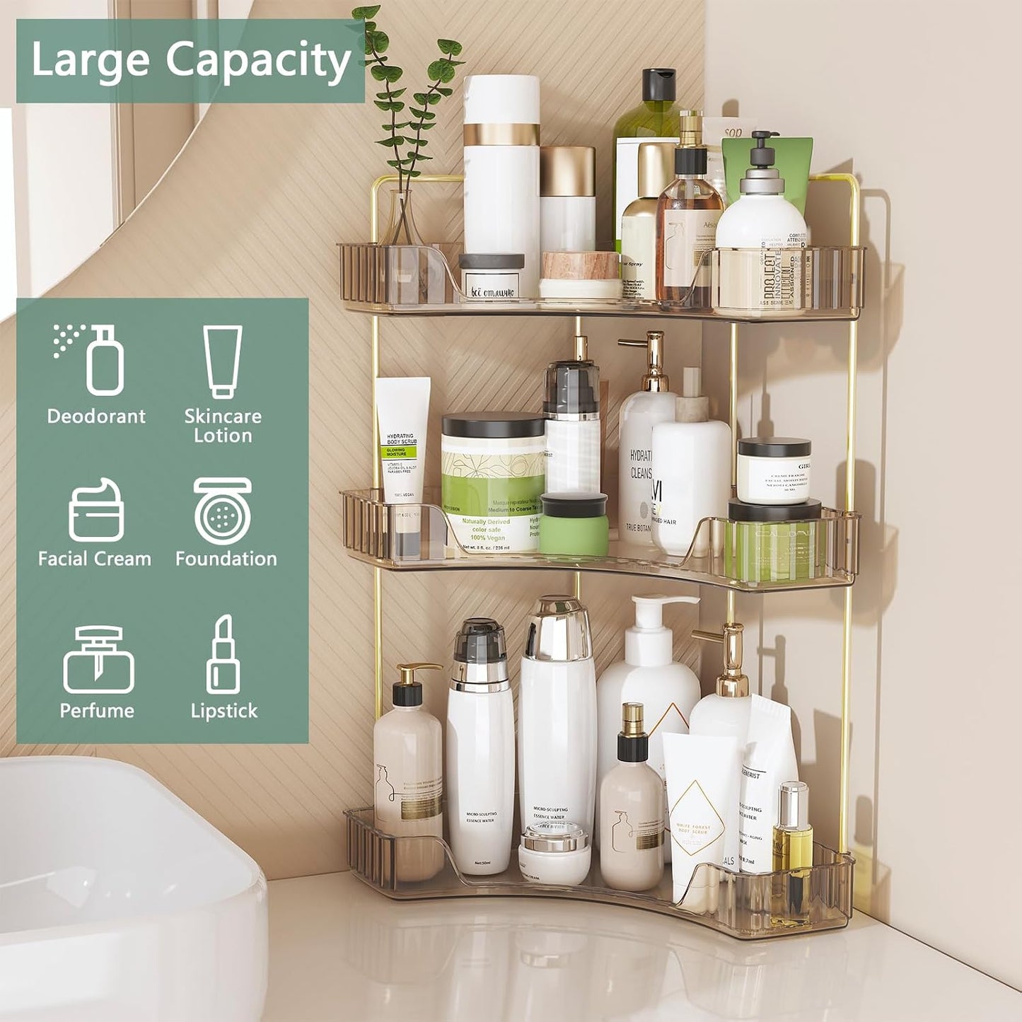 Webetop 3 Tier Corner Bathroom Organizer Countertop for Skincare & Dresser | Multi-Purpose For Toiletries/Perfume, Easy