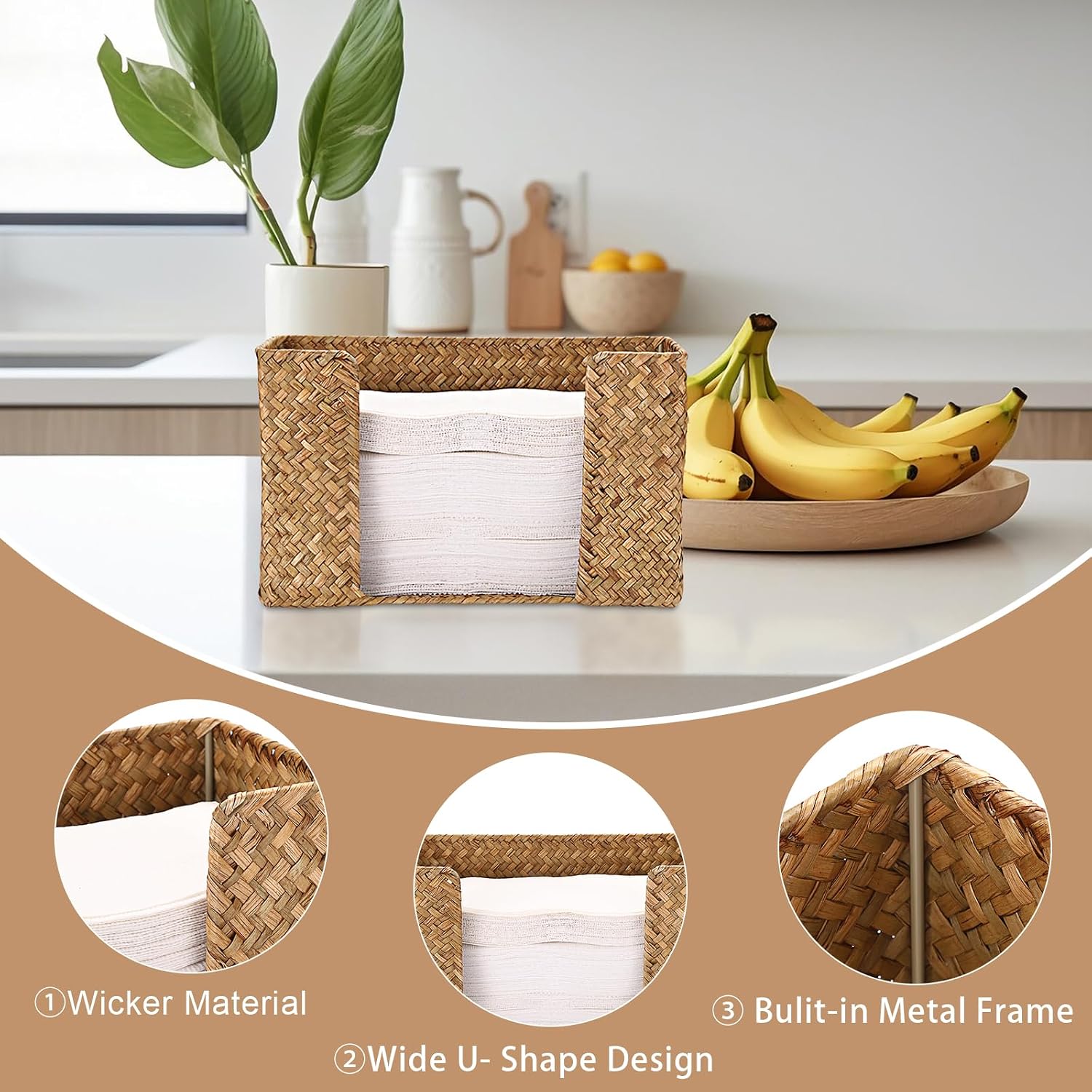 Folded Paper Towel Holder Wicker Countertop Paper Towels Dispenser / Caramel