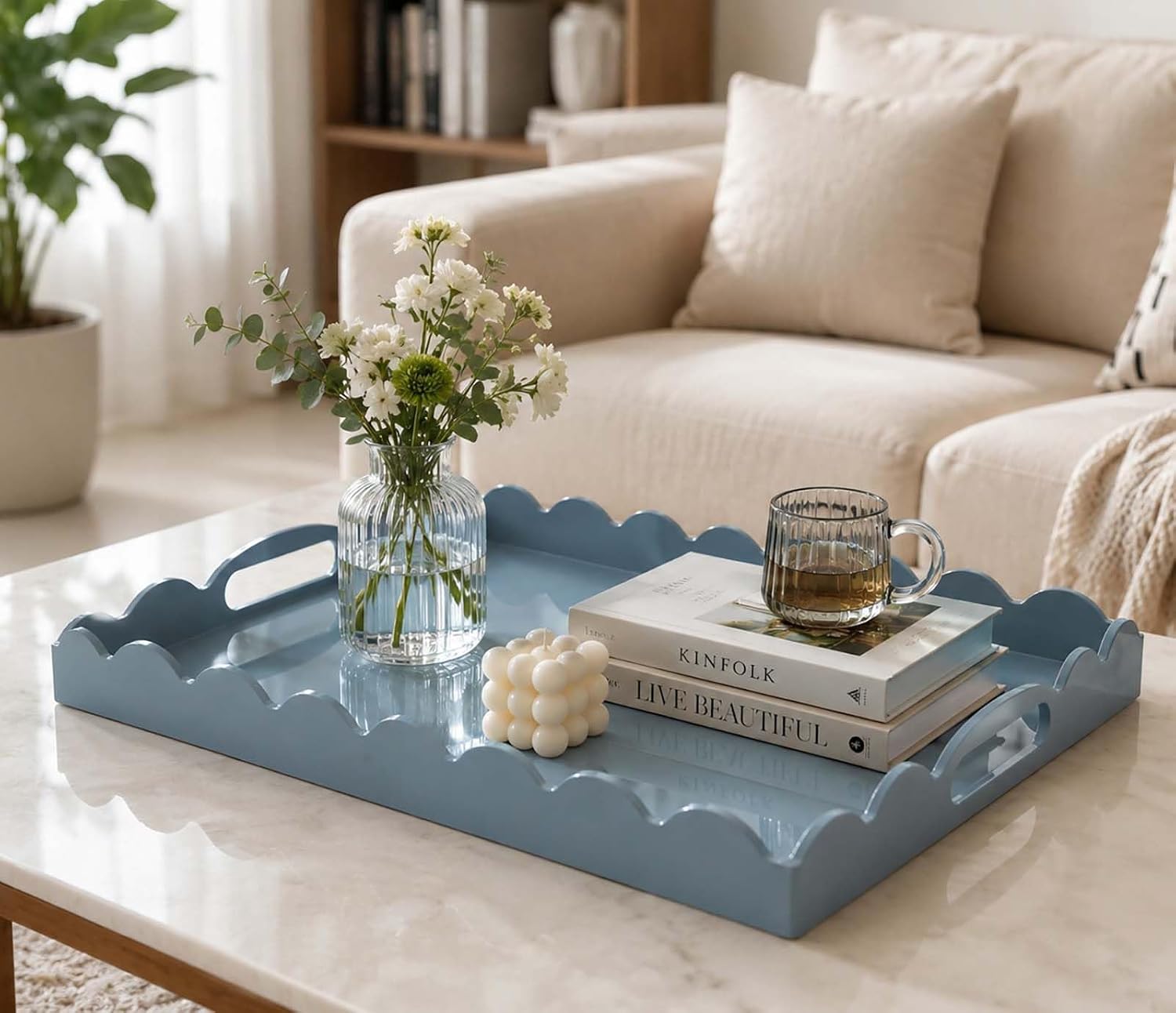 Scalloped Glossy Plastic Lacquer Decorative Tray / Dusty Blue / 15.7 x 11.8