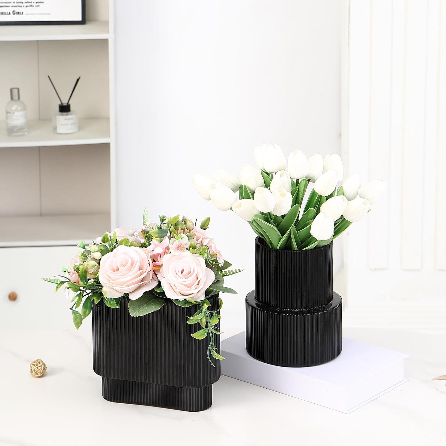 Glass Vases / Modern Vase for Tulips / Black / Ribbed + Oval / Set of 2