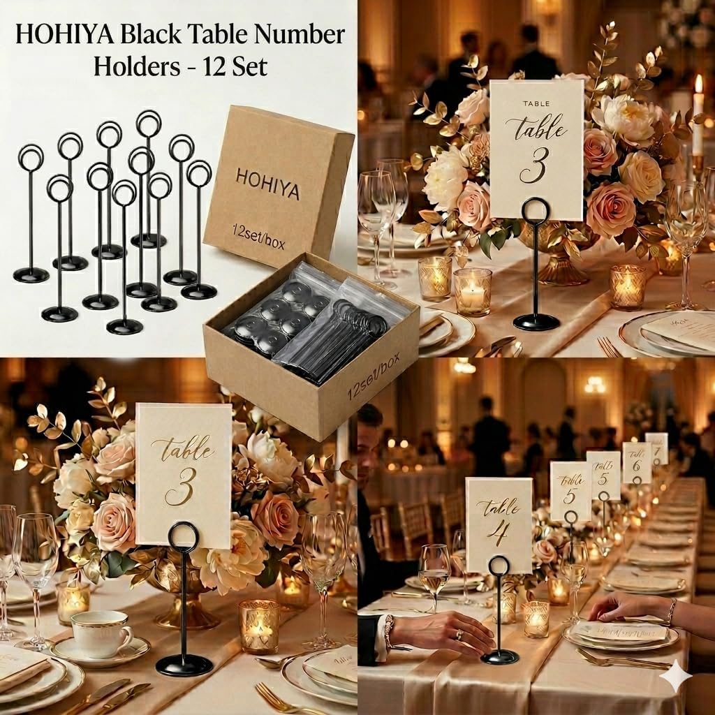 HOHIYA 12 Pack Black Table Number Holders 12" Wedding Place Card Stands | Stable metal stands display table numbers