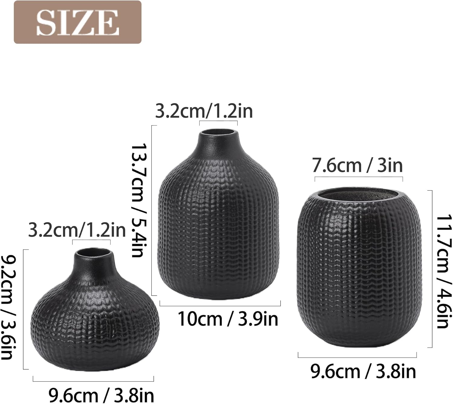 Black Ceramic Vases for Decor / 14 Black / Set of 3