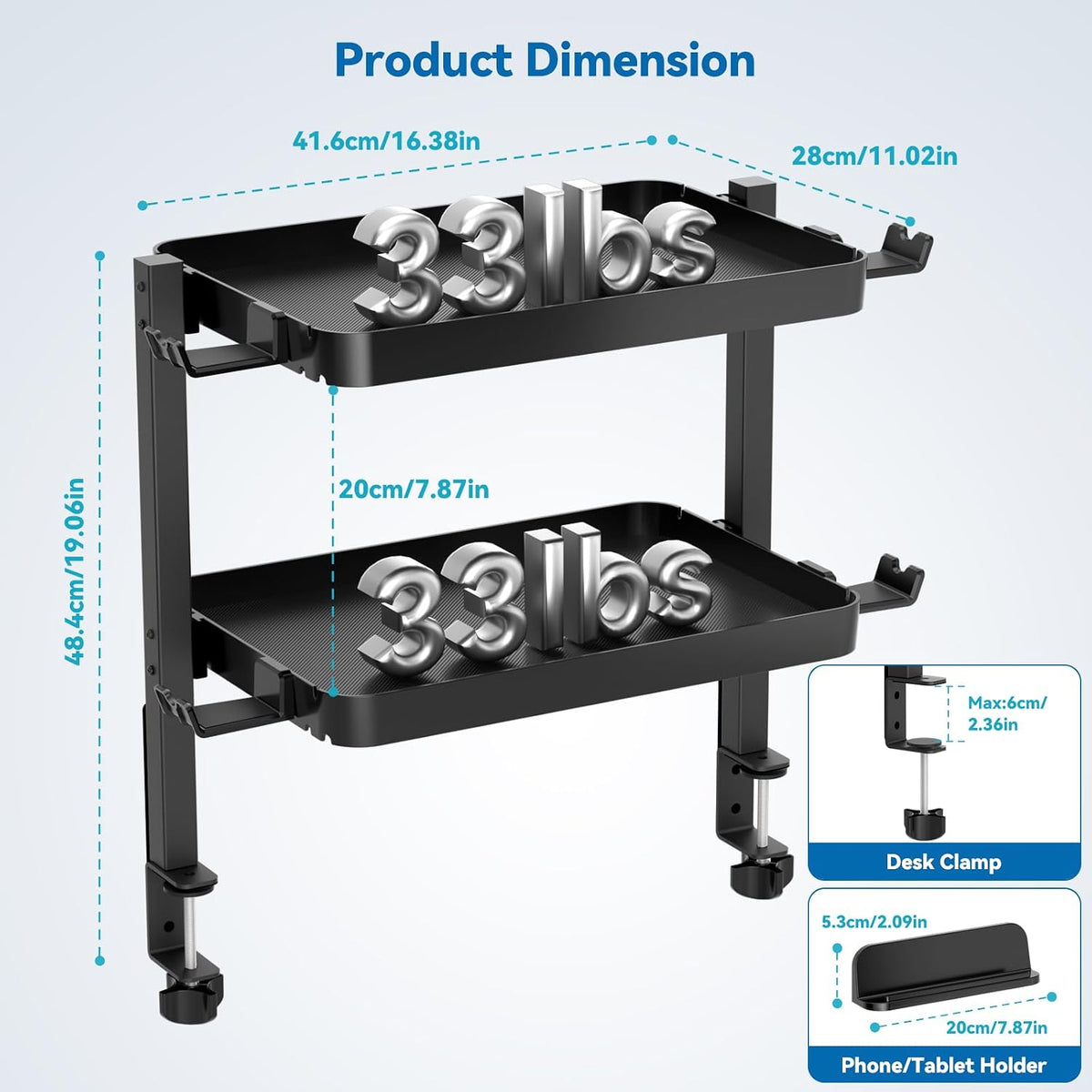 KDD Clamp On Desk Organizer - Adjustable 2-Tier Above or Under Desk Shelves with Large Capacity Tray, Phone & Tablet